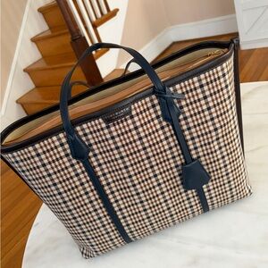 Tory Burch Brown and Navy Plaid Leather-Trim Tote